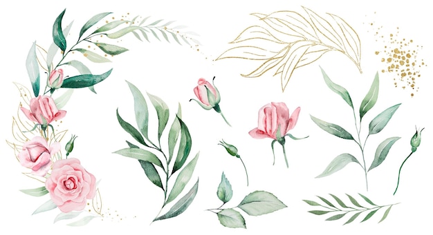 Buquê feito de flores em aquarela rosa e folhas verdes casamento e ilustração de saudação