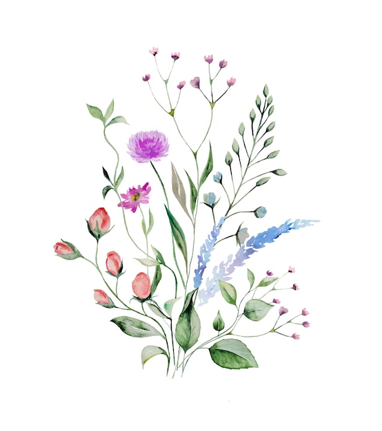 Buquê feito de flores silvestres em aquarela e deixa ilustração de casamento e saudação