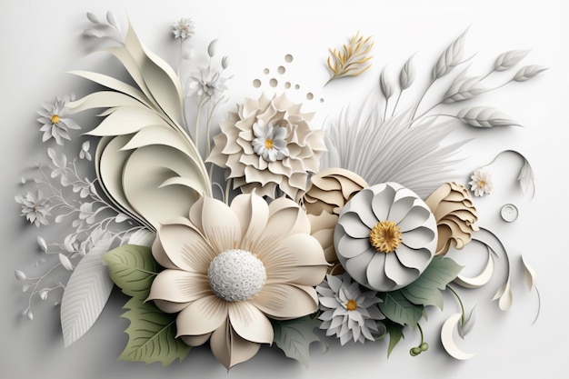 buquê floral 3d fundo branco generativo ai