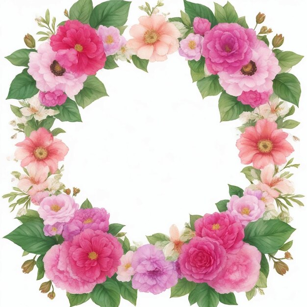 Buquê floral em aquarela com folhas verdes, rosa, pêssego, blush, flores brancas, moldura floral