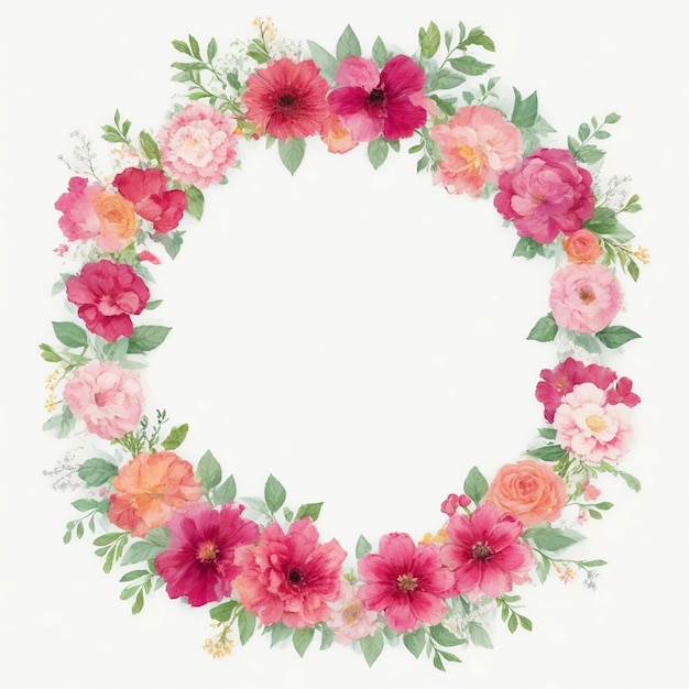 Buquê floral em aquarela com folhas verdes, rosa, pêssego, blush, flores brancas, moldura floral