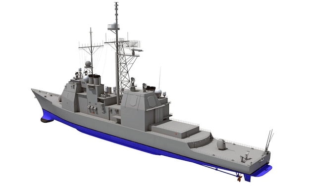 Buque de guerra de crucero de misiles militar renderizado en 3D sobre un fondo blanco