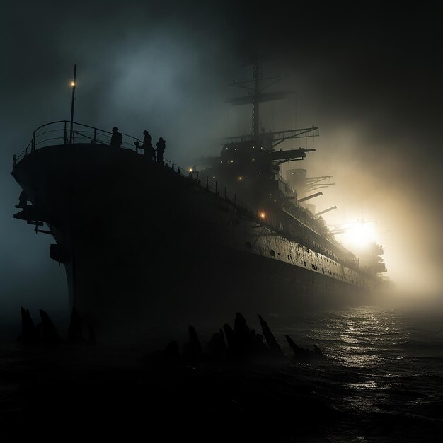 un buque de guerra gigante en el mar oscuro