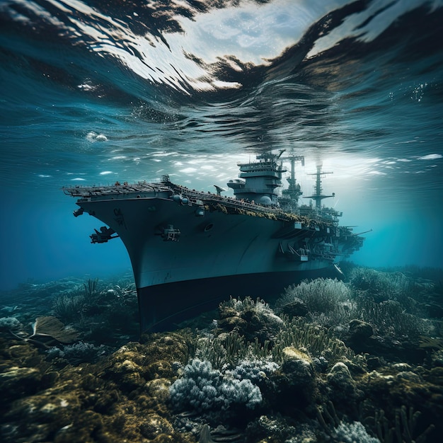 Buque de guerra hundido en el fondo del océano entre corales