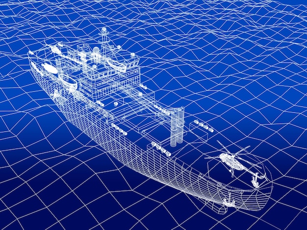 Buque de guerra en el mar Estructura metálica de renderizado 3d