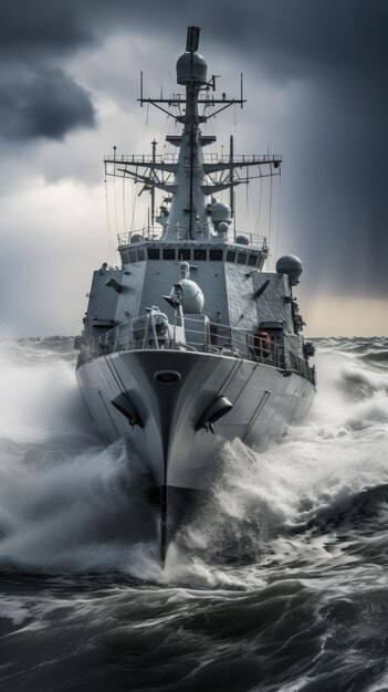 Foto un buque de guerra navegando por aguas turbulentas