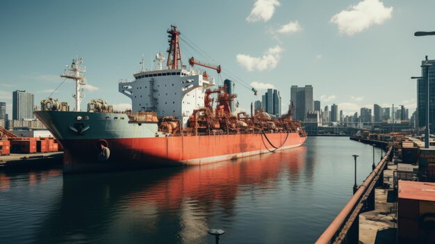 Buque petrolero atracado en un puerto bullicioso listo para cargar o descargar Generative AI