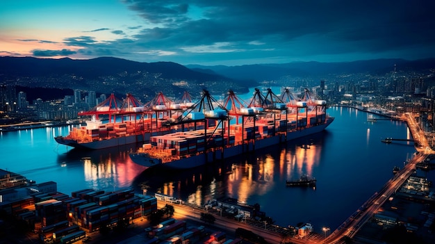 Buque portacontenedores atracado en un concurrido puerto que simboliza la interconexión del comercio mundial