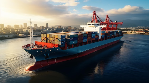 Foto buque portacontenedores con caja de contenedores en importación y exportación con grúa de muelle carga de carga de negocios globales