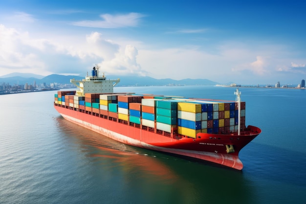 Buque portacontenedores que transporta contenedores en importación y exportación Transporte de carga de negocios globales Logística de comercio comercial y envío en el extranjero en todo el mundo por buque portacontenedores
