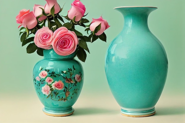 Buquê rosa pastel de rosas em vaso turquesa sobre fundo verde claro