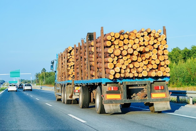 Buque de transporte de madera en la carretera de Polonia. Transporte en camión entregando algo de carga.