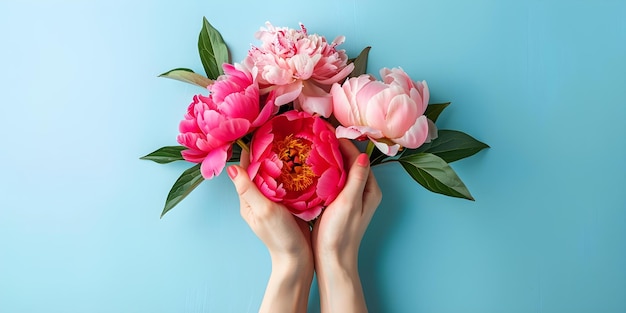 Buquê vibrante de peônias aconchegado por mãos de uma mulher contra um fundo azul Conceito Floral Still Life Fotografia de Peônias Mãos e Flores Fundo Azul Bouquet vibrante