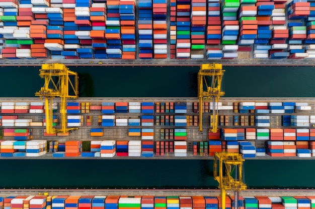 Los buques de carga de contenedores están siendo cargados por la grúa en los muelles Fondo de importación y exportación de transporte logístico Vista desde arriba IA generativa