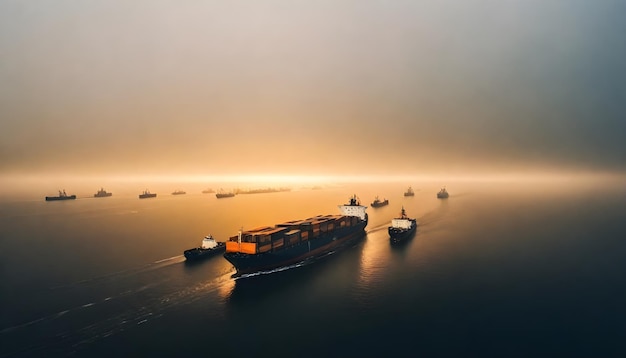 Buques de carga en el océano al atardecer con un cielo dorado