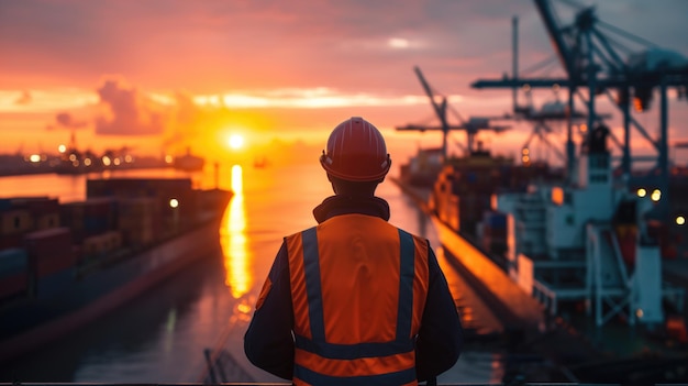 Buques y contenedores de puertos oceánicos al atardecer con vista trasera de un trabajador con chaleco de seguridad naranja