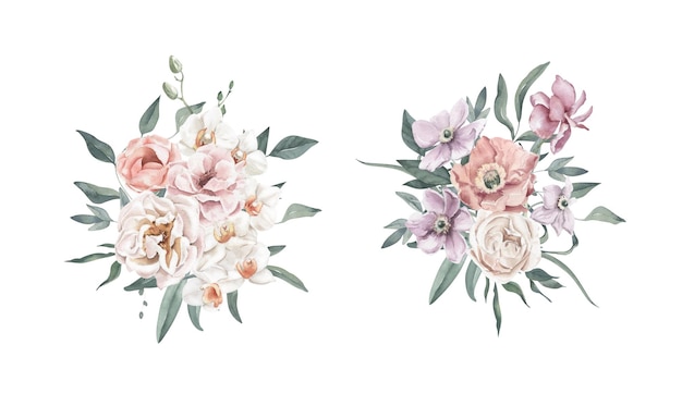 Buquês de aquarela com rosas papoulas e folhagens Perfeito para convite e mídia social