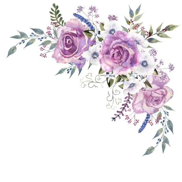 Buquês de flores com rosas roxas e anêmonas em um fundo branco isolado Ilustração em aquarela desenhada à mão