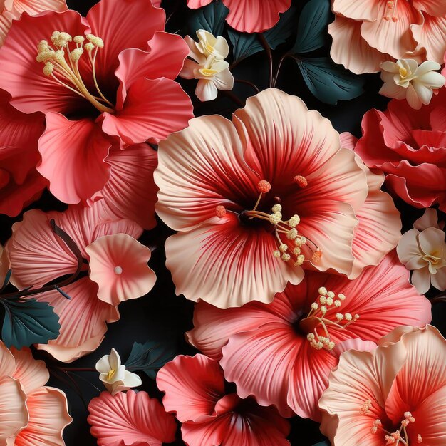 Buquês de flores de hibisco em rosa vermelho e laranja em um fundo preto lado a lado