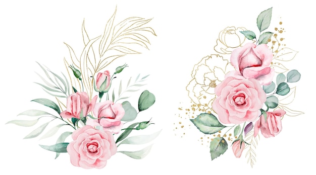 Foto buquês feitos de flores em aquarela rosa e folhas verdes casamento e ilustração de saudação