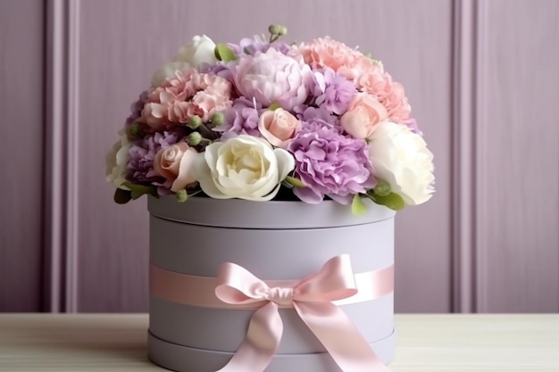 Buquês luxuosos de flores nas rosas da caixa de chapéu nas mãos de mulheres IA generativa