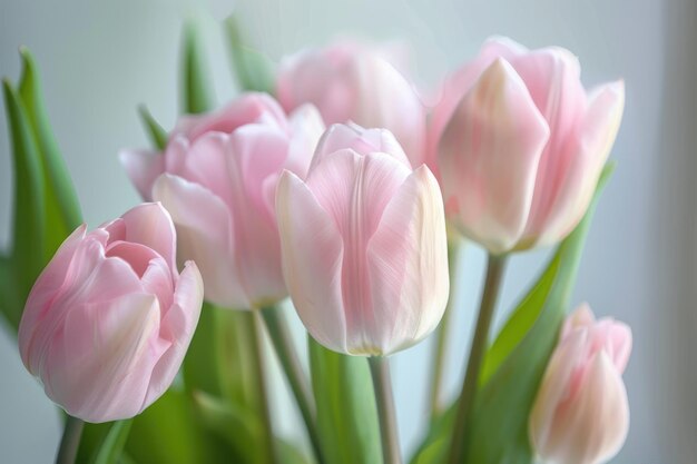 Buquet de tulipanes de color rosa claro suave en un fondo plano con poca profundidad de campo