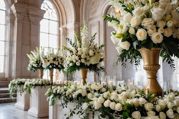 Foto buquetes de flores blancas que decoran un altar de bodas