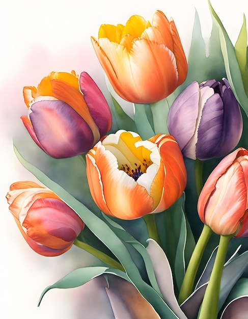 Buquetes de flores de tulipán acuarela arte botánico fondo blanco