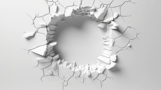 Buraco abstrato 3D em um espaço em branco em uma parede quebrada