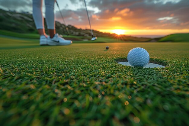 buraco de golfe e bolas no verde