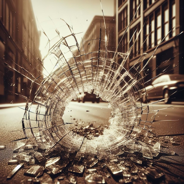 Buraco de vidro afiado rachaduras estilhaços de vidro quebrado pelo tom sépia da rua