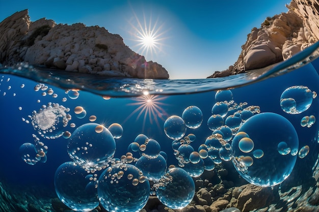 Una burbuja azul es visible sobre la superficie del agua.