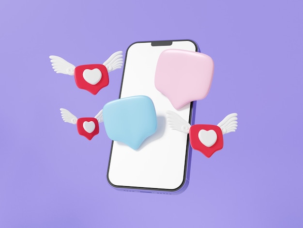 Burbuja de chat o comentario en el corazón del teléfono móvil con alas volar redes sociales en línea concepto chat mensaje sms comunicación lindo suave sobre fondo púrpura 3d render ilustración