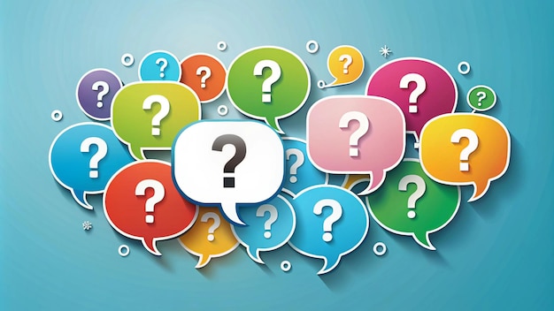 una burbuja de habla colorida con muchos signos de interrogación en la parte superior