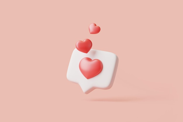 Burbuja de habla con corazones rojos volando en fondo pastel Ilustración de renderización 3D