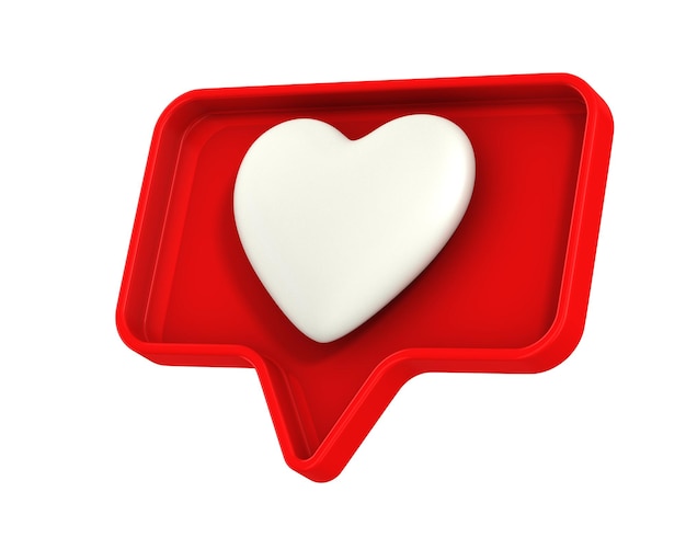 Burbuja de habla roja y corazón sobre fondo blanco Ilustración 3D aislada