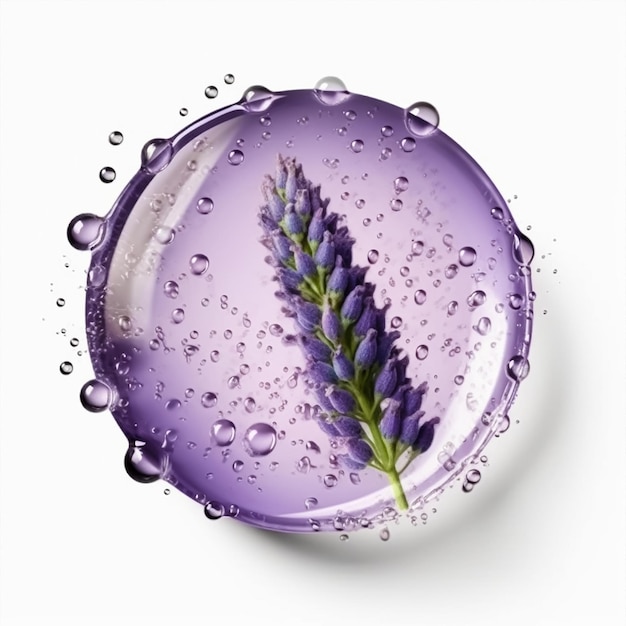 Una burbuja morada con una flor y gotas de agua.