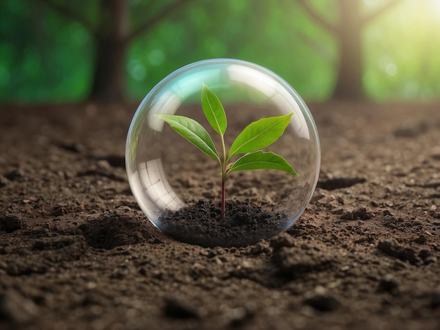 Una burbuja con una pequeña planta que brota del suelo seco y estéril simboliza la esperanza y el crecimiento