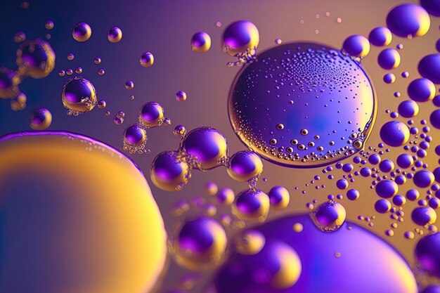 Burbujas de aceite sobre un fondo acuoso con un fondo abstracto púrpura