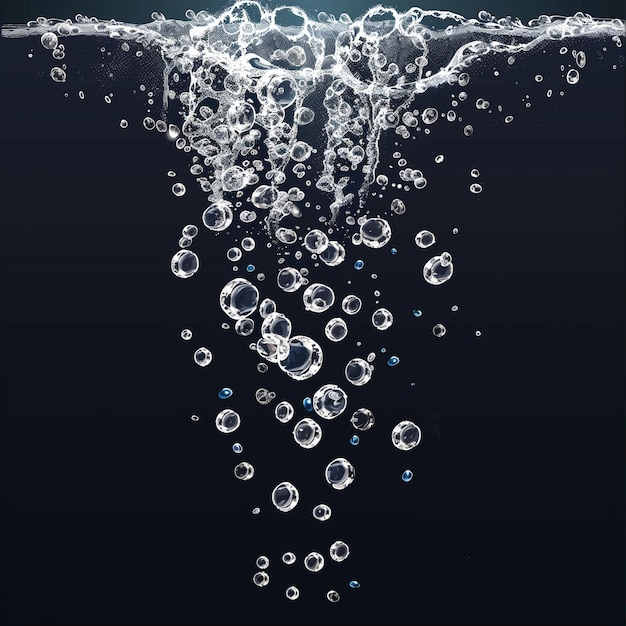 Burbujas de agua realistas que se elevan en un líquido transparente contra un fondo oscuro