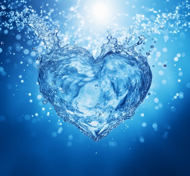 Burbujas de aire en forma de corazón en agua azul profunda ilustración 3D