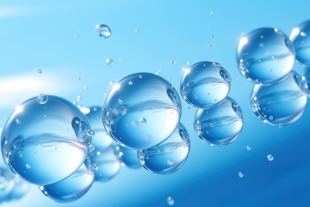 Burbujas azules transparentes flotan en el agua azul