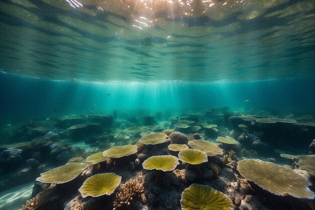 Burbujas y bokeh bajo el agua en el claro océano verde de California