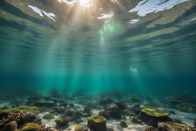 Foto burbujas y bokeh bajo el agua en el claro océano verde de california