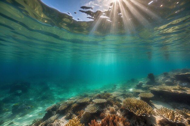 Burbujas y bokeh bajo el agua en el claro océano verde de California