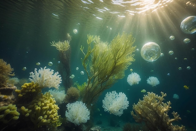 Burbujas y bokeh bajo el agua en el claro océano verde de California