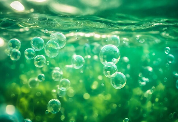 Burbujas y bokeh bajo el agua en el océano verde claro