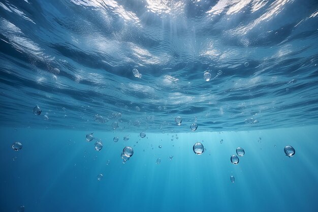 Burbujas brillantes en el agua azul