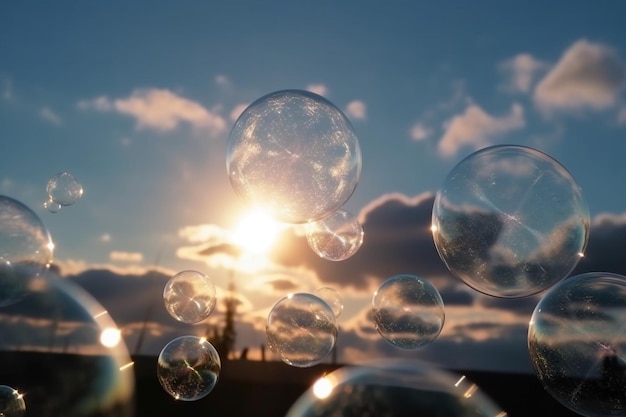 Burbujas en el cielo con la puesta de sol detrás de ellas