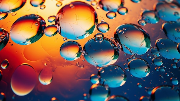Burbujas coloridas flotando en una superficie reflectante que crean una atmósfera serena y lúdica